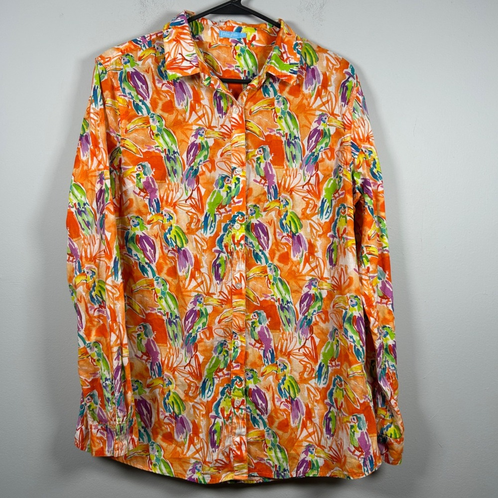 J. McLaughlin Button Down Shirt Women's L Orange Tropical Toucan Bird Resort Top